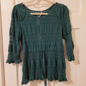 Free People Emerald Green Lace Top with Keyhole back